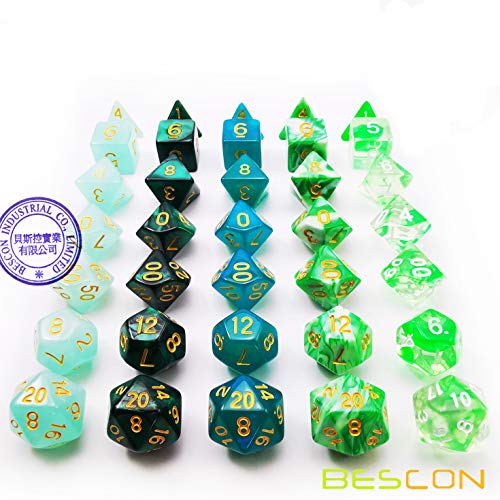 Bescon 35pcs Polyhedral RPG Dice Emeralds Set, DND Role Playing Game Dice Green Sets 5X7pcs