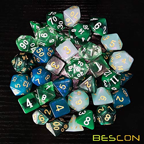 Bescon 35pcs Polyhedral RPG Dice Emeralds Set, DND Role Playing Game Dice Green Sets 5X7pcs