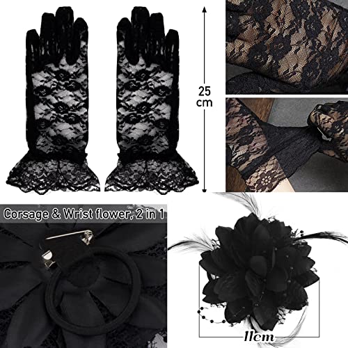 BETESSIN 3 Kit Tocado Diadema Sombrero, Fascinator Sombrero de Pluma, Tocado Pinza Velo Negro, Broches Flor Negro, Guantes Encaje de Negro, Accesorios de Disfraz Cosplay Mujer Encaje para Fiesta Boda