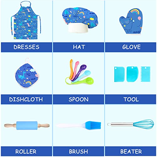 BEYAOBN Trajes de Cocina y horneado para niños 46PCS, Delantales, Gorros de Chef, Guantes y Accesorios de Cocina para niños, azul Disfraces de Chef, Juego de Roles para Niña Juguetes Regalos 3-12 años