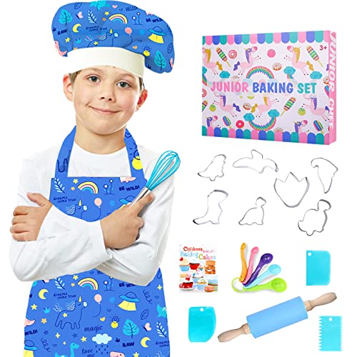 BEYAOBN Trajes de Cocina y horneado para niños 46PCS, Delantales, Gorros de Chef, Guantes y Accesorios de Cocina para niños, azul Disfraces de Chef, Juego de Roles para Niña Juguetes Regalos 3-12 años