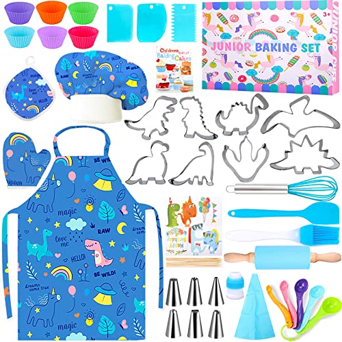 BEYAOBN Trajes de Cocina y horneado para niños 46PCS, Delantales, Gorros de Chef, Guantes y Accesorios de Cocina para niños, azul Disfraces de Chef, Juego de Roles para Niña Juguetes Regalos 3-12 años