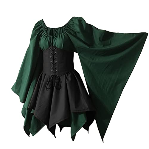 Bichingda Vestido irlandés tradicional para mujer, disfraz medieval renacentista, manga acampanada, corsé de Halloween, vestido corto victoriano, color negro