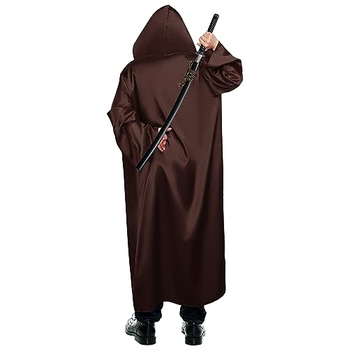 BIGLUFU Capa con Capucha de Halloween, Disfraz de Caballero para Adulto Carnaval Medieval Traje Ropa Vampiro Bruja Halloween Cosplay Disfraces Hombres con Capucha (M, Marrón)