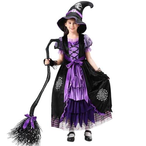 BIGLUFU Disfraz Bruja para Niña Morado Disfraz Halloween Niña Disfraz Bruja Niña Vestido de bruja con Escoba mágica, guantes, gorro 3-14 años