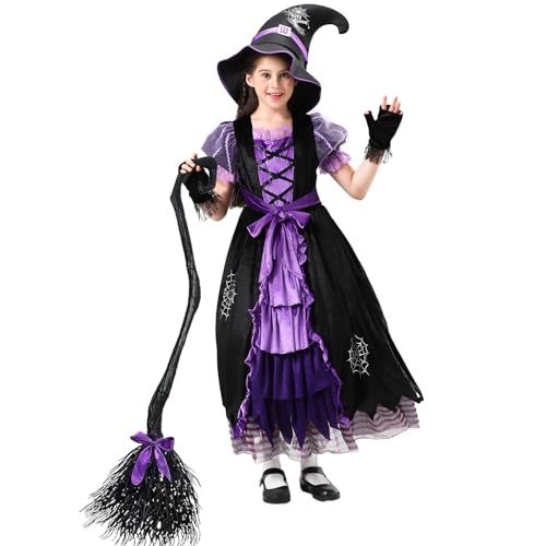 BIGLUFU Disfraz Bruja para Niña Morado Disfraz Halloween Niña Disfraz Bruja Niña Vestido de bruja con Escoba mágica, guantes, gorro 3-14 años