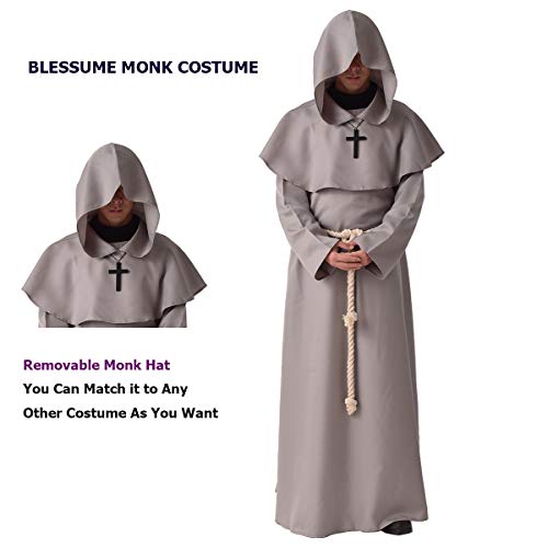 BLESSUME Monje Disfraz Sacerdote Fraile Medieval Encapuchado Renacimiento Túnica (M, Gris)