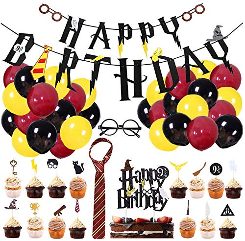 BlinBlin 49 piezas adornos de cumpleaños para la fiesta de Hary Pot, pancarta de feliz cumpleaños, globos, marco de gafas de lazo a rayas, adornos para cupcakes, adornos fiestas de cumpleaños