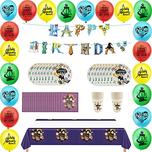 BlinBlin Vajilla de Fiesta cumpleaños de Hary Pot, Platos de vajilla de Fiesta temática HP, decoración temática Mago mágico de 9 Pulgadas, Mantel, Globos, Suministros de Fiesta para 16 Invitados