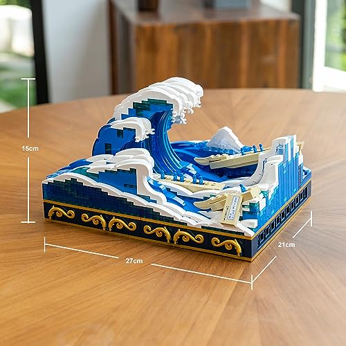 Bloques de Sujeción de Gran Ola Tipo Hokusai:PANTASY Set de Construcción Kanagawa para Adultos,Decoración 3D Océano Japonés en Lienzo,Compatible con Lego Ideas Icons Arte Casa Oficina Botánico Bonsái