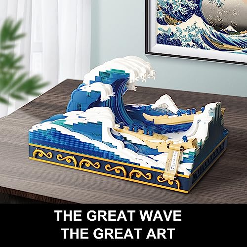 Bloques de Sujeción de Gran Ola Tipo Hokusai:PANTASY Set de Construcción Kanagawa para Adultos,Decoración 3D Océano Japonés en Lienzo,Compatible con Lego Ideas Icons Arte Casa Oficina Botánico Bonsái