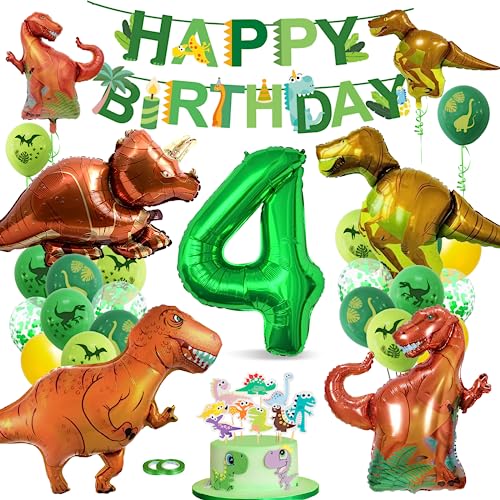 Bluelves Decoracion Cumpleaños Dinosaurios,Decoración Cumpleaños Niño 4 Años Dinosaurios,Verde Globos de Dino Set,Dino Helio Globo Numero 4, Selva Decoraciones Cumpleaños de Fiesta