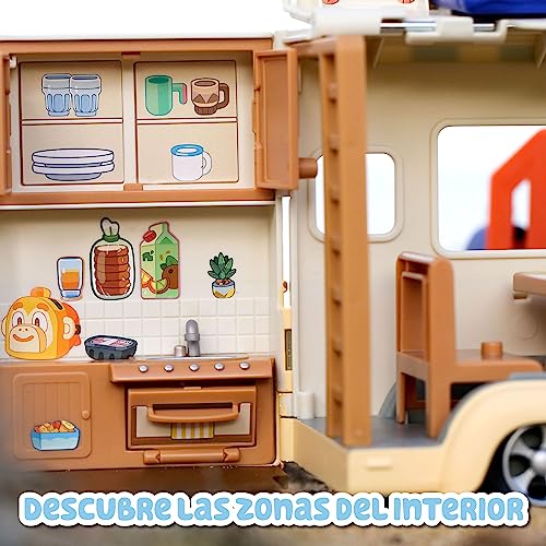 Bluey - Campervan, Juguete de la Caravana de Vacaciones, 1 Figura articulada de la Serie, 6 Accesorios de Camping y Pegatinas Decorativas, para niños y niñas +3 años, Famosa (BLY50000)