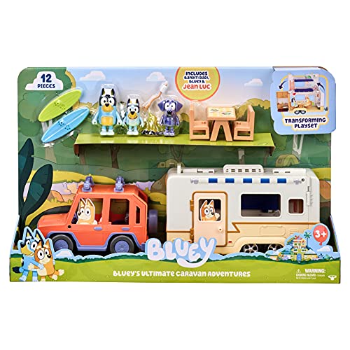 Bluey Ultimate Caravan Adventures - Juego de caravana y tres figuras de 6,5 a 7,5 cm y vehículo familiar 4WD con 2 tablas de surf