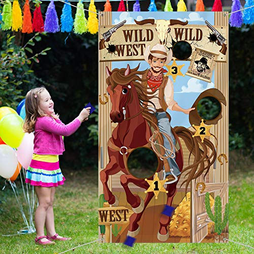 Blulu Juego de Lanzamiento de Vaquero de Fiesta Occidental con 3 Bolsas de Frijoles, Juego Occidental Divertido para Niños y Adultos Actividades Temáticas Occidentales Decoraciones y Suministros de