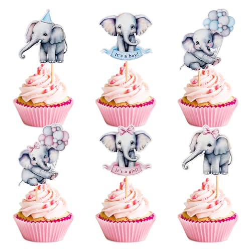 Blumomon 24 piezas rosa o azul elefante cupcake Toppers Glitter elefante tema pastel Toppers Was wird es Junge oder Mädchen Kuchen Dekorationen für Geschlecht Enthüllen