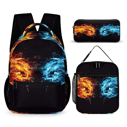 BNSSJAVS Mochila Escolar Infantil para Niña Niño, Escolar Conjunto 3 Piezas, Escolar Mochila Lonchera Estuche para Lápices - Puño de Fuego vs. Puño de Hielo