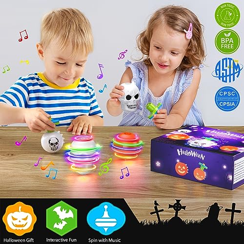 Booyuer Juguetes con Peonzas Halloween,6 PCS Spinning Tops con Luces LED y Música Giroscopio Juguetes,Favores de Juegos de Fiesta de Decoracion Halloween Regalos para Niñas Niños (Calabaza,Calavera)