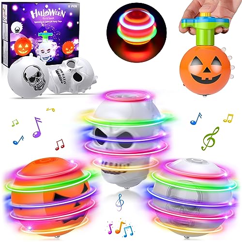 Booyuer Juguetes con Peonzas Halloween,6 PCS Spinning Tops con Luces LED y Música Giroscopio Juguetes,Favores de Juegos de Fiesta de Decoracion Halloween Regalos para Niñas Niños (Calabaza,Calavera)