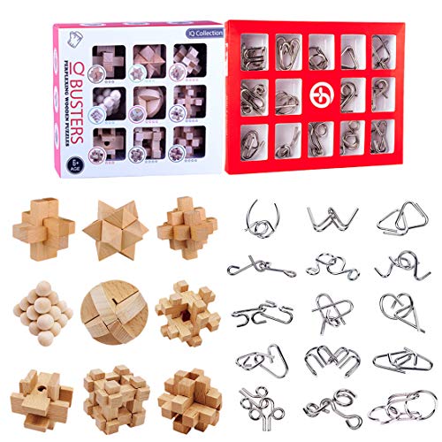 BOROK Rompecabezas Metal, 24Pack 3D Puzzles Adultos Juegos de Ingenio (9xMadera +15xMetal) Juegos de Mesa Juego IQ Juguete Educativos Habilidad Juego Logica Calendario de Adviento Niños