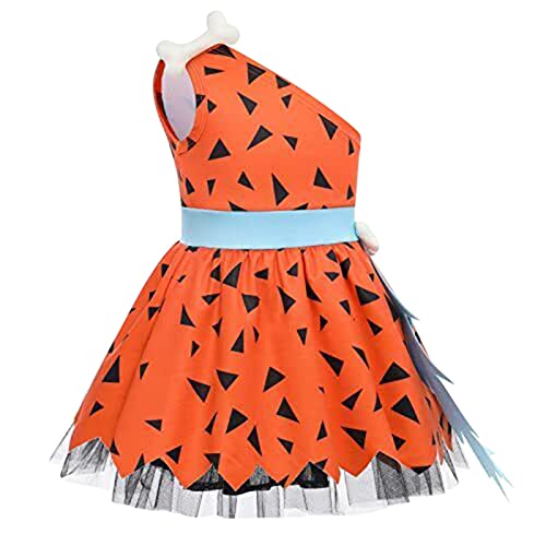 BOTCAM Disfraz de Caveman para niños pequeños Halloween Hueso de perro histórico Cavegirl Malla Tul Vestido Princesa Trajes Niña Denim