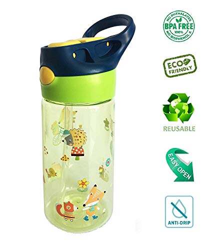 Botella Tritan Reutilizable Niños Bebes ♻ Jarra Reusable con Sistema Antigoteo de 450 ml - Facil Apertura (Con Pulsador) - Sin BPA para Uso Diario y Aprendizaje Infantil - Material Ligero y Resistente