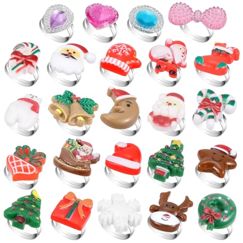 BTHRORO 24 Piezas Anillos Navideños para Niños, Árbol de Navidad Santa Elk Anillos Ajustables Anillos para Niñas con Temática Navideña, Regalo para Juego de Rol y Vestirse en Navidad