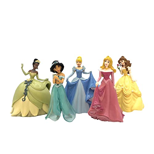 Bullyland 13260-Juego de figuras de Princesas de Walt Disney con Bella, Jasmine, Aurora, Tiana y Cenicienta, fiel al detalle, ideal como figura de tarta y pequeño regalo para niños a partir de 3 años