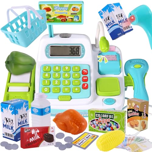 BUYGER 34 Pcs Caja Registradora Juguetes para Niños con Electrónica Escáner Calculadora, Máquina Registradora con Micrófono, Tienda Supermercado Comida Regalo para Niñas Niños 3 4 5 Años