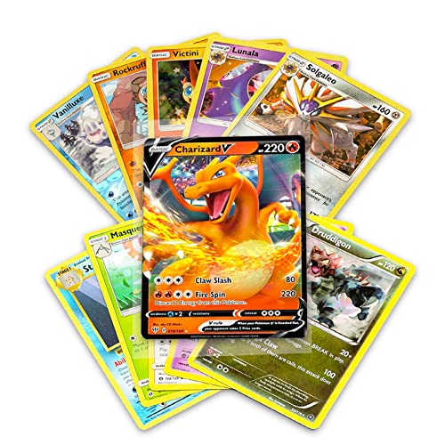 Caja de cartón oficial de Pokémon 50+ con 5 láminas en cualquier combinación y al menos 1 Raridad, GX, EX, FA, equipo de etiquetas, o secreto raro, con tarjetas como Charizard y Detective Pikachu