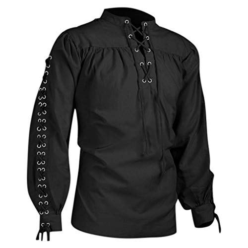 Camisa de lino para hombre, corte ajustado, manga larga, color negro, camisa de lino vikinga, gótica, sin cuello, camisa de seda histórica de lino, disfraz de pirata, cosplay, romano, camisa medieval,