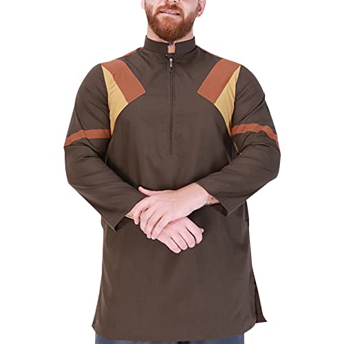 Camisa musulmana para hombre ropa de oración para hombres árabe musulmán Dubai bata camisón manga corta/manga larga pijamas largo, café, L