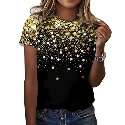 Camiseta para mujer con estampado informal, manga corta, blusa, hollown, tops informales, sueltos, informales, tallas grandes, blusas, elegante, cuello redondo, blusa para el tiempo libre, Negro , L