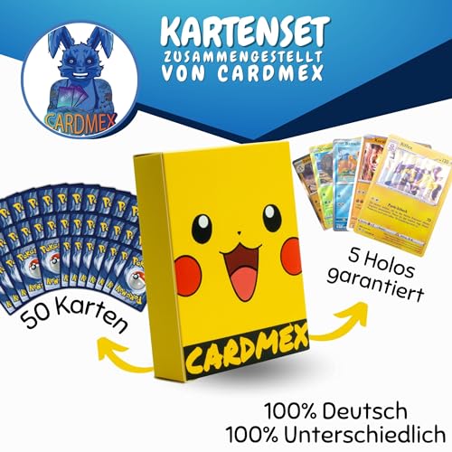 CARDMEX Juego de 50 cartas originales de Pokemon en alemán – con 5 tarjetas Holo/Reverse/Glitter & 3 x Rare Sammelkarten y Schutzbox – propiamente Pokemon cartas compilación