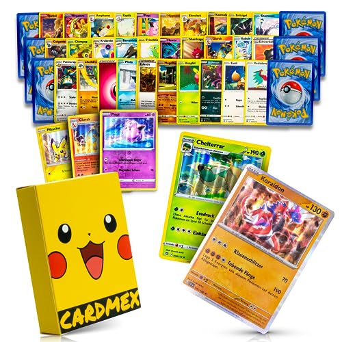 CARDMEX Juego de 50 cartas originales de Pokemon en alemán – con 5 tarjetas Holo/Reverse/Glitter & 3 x Rare Sammelkarten y Schutzbox – propiamente Pokemon cartas compilación