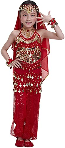 Carnavalife 4 Pcs Niñas Traje de Danza de Vientre, Conjunto Disfraz Bailarina India, Top Pantalones Baile Vestidos Talla única (Rojo)