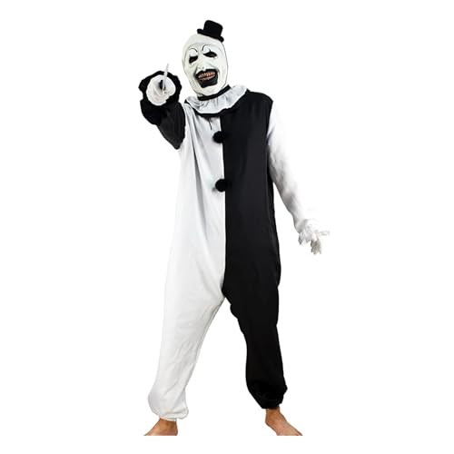 Carnavalife Disfraz Terrifier Niño Niña Infantil 3-12 años, Disfraz Terrifier Adulto Mujer Hombre S M L Unisex, Disfraz Payaso Asesino Blanco y Negro, Mono Blanco y Negro, (S)