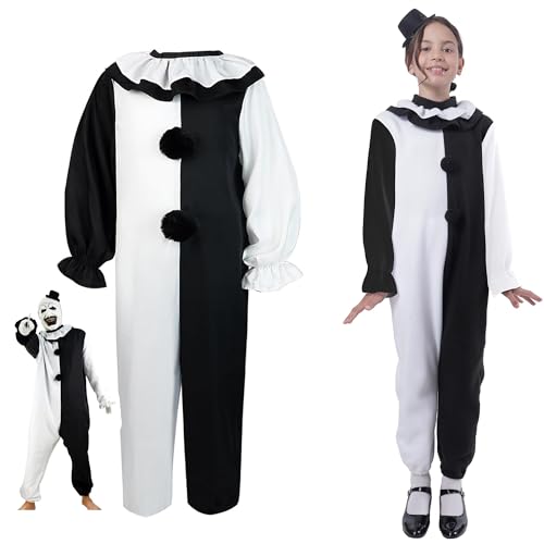 Carnavalife Disfraz Terrifier Niño Niña Infantil 3-12 años, Disfraz Terrifier Adulto Mujer Hombre S M L Unisex, Disfraz Payaso Asesino Blanco y Negro, Mono Blanco y Negro, (S)