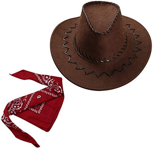 Carnavalife Sombrero Cowboy de Vaquero con Pañuelo Bandanas Paisley de Algodón Toy Story Western Disfraz para Adulto y Niños (Marrón, Adulto/58cm)