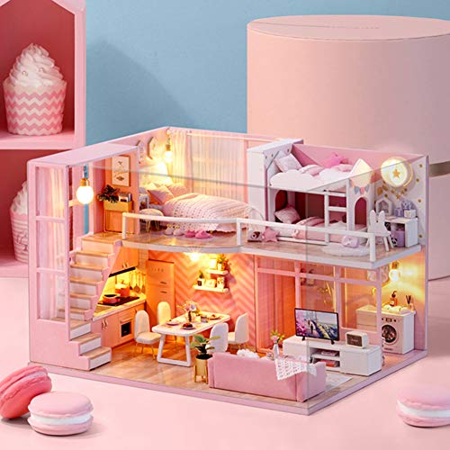 Casa de Mu?ecas Modelo de Juguete, Bricolaje Miniatura Rosa Ni?a Casa de Mu?ecas de Madera Modelo Kits Juguete para Regalo Casas de Mu?ecas Mu?ecas y Accesorios