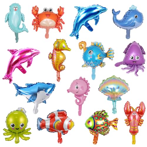 CBOSNF 15 Piezas Globos de Animales Marinos, Globos de Pescado, Animales Marinos, Globos de Peces, Pulpo Cangrejo Caballitos de mar Globos de Helio para Decoración Fiestas de Cumpleaños Infantiles