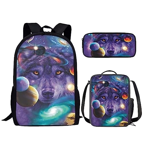 chaqlin Mochila para niños, niñas, adolescentes, duradera, de 17 pulgadas, con estampado de lobo, Galaxia Planeta Lobo, talla única