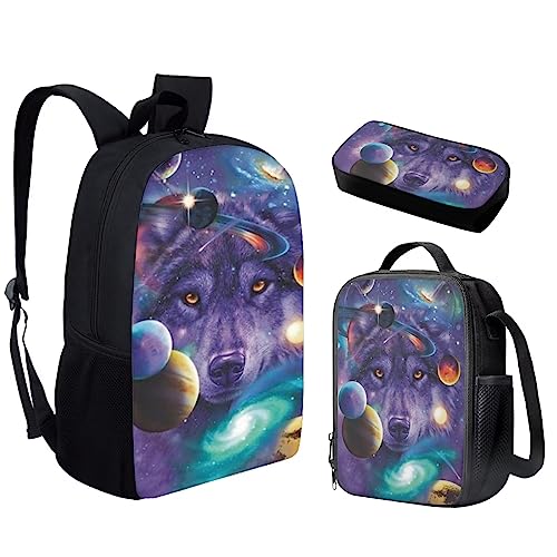 chaqlin Mochila para niños, niñas, adolescentes, duradera, de 17 pulgadas, con estampado de lobo, Galaxia Planeta Lobo, talla única