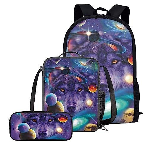 chaqlin Mochila para niños, niñas, adolescentes, duradera, de 17 pulgadas, con estampado de lobo, Galaxia Planeta Lobo, talla única