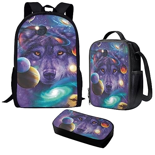 chaqlin Mochila para niños, niñas, adolescentes, duradera, de 17 pulgadas, con estampado de lobo, Galaxia Planeta Lobo, talla única