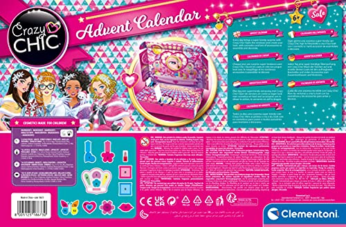 Clementoni 18673 Crazy Chic - Calendario de Adviento, hermoso calendario de Navidad, detrás de cada puerta, una sorpresa, calendario con joyas, maquillaje y tatuajes