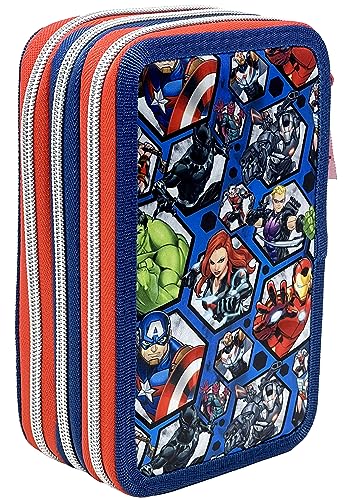 Clondo Los Vengadores Marvel Estuche Triple Lleno para Niños, Plumier Triple, 44 Accesorios Educación Primaria, 20 Centímetros, 3 Cremalleras, Compartimentos Organizados, Avengers, Superhéroes