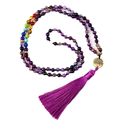 Collar de piedra de ágata morada natural para mujeres y niñas, 7 chakras, reiki, 108 cuentas de Japamala Mala anudadas, collar largo, joyería, negro mate