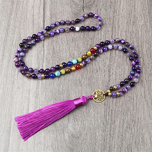 Collar de piedra de ágata morada natural para mujeres y niñas, 7 chakras, reiki, 108 cuentas de Japamala Mala anudadas, collar largo, joyería, negro mate