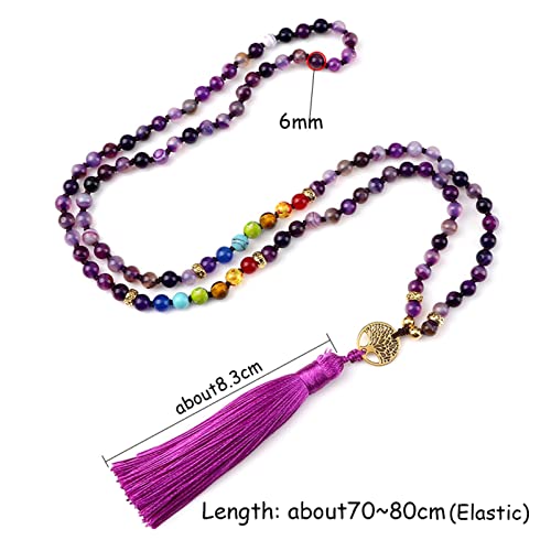 Collar de piedra de ágata morada natural para mujeres y niñas, 7 chakras, reiki, 108 cuentas de Japamala Mala anudadas, collar largo, joyería, negro mate